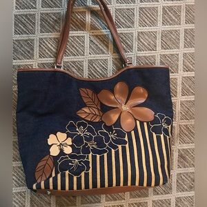 Isabella Fiore Large Handbag Western Rose Leather Applique Embroidered Denim